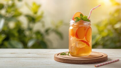 Chilled peach tea with fruit and mint garnishes on a wooden surface, suitable for beverage display and serving, International Beverage Day