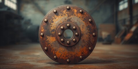Corroded round metal plate with rivets serving as a structural part, highlighting maintenance needs
