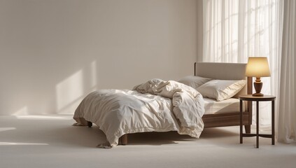 Disorganized bed featuring white sheets and a bedside lamp, used as a setting for interior layout or staging, World Sleep Day