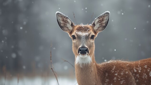 Wild mule deer head with snow-covered face in winter landscape, highlighting seasonal survival