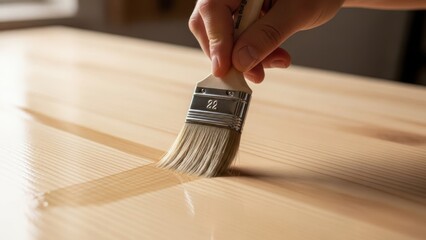 Painting brush on wood surface isolated on white background