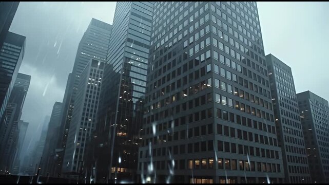 Moody Urban Skyscraper Canyon Rainy Day Gloomy Atmosphere Cityscape Architecture Reflections Light Streaks