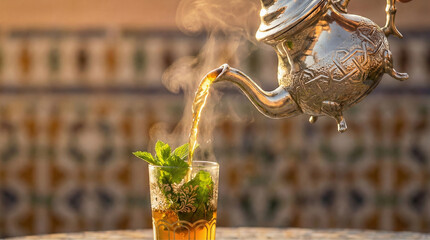 Traditional Moroccan mint tea pouring into glass
