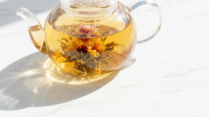 Glass teapot with blooming flower tea on marble table