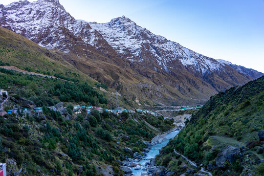 Panoramic View of Alaknanda River Flowing Through Mana Village Valley