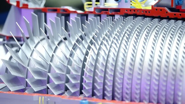 Cutaway view of an industrial gas turbine compressor, revealing multiple stages of precision-machined rotor and stator blades within an assembly, highlighting aerodynamic design