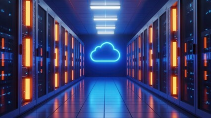 Futuristic Data Center with Glowing Cloud Icon Representing Cloud Computing and Server Infrastructure