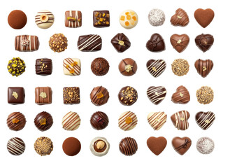 A selection of assorted exquisite chocolate pralines and truffles isolated on a transparent background, the perfect Valentine's Day gift or luxury sweet souvenir.
