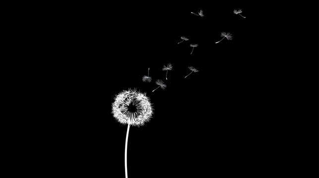 White dandelion puffball with seeds scattering in the wind against a black background, symbolizing wishes, freedom, and ephemeral nature.