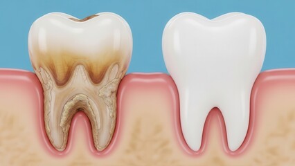 Healthy tooth and decayed tooth comparison in gums