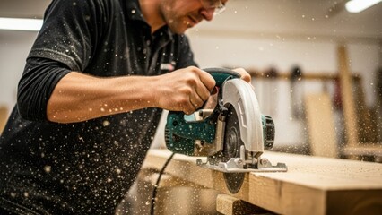 Man using circular saw isolated on white background
