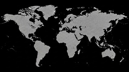 Dotted world map on black background.