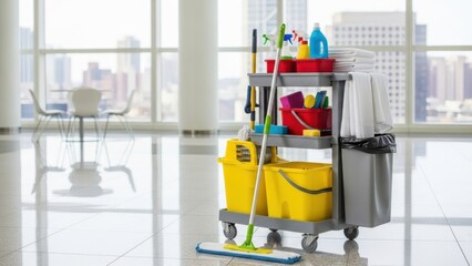 Cleaning cart with supplies isolated on white background