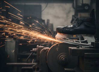Black ice hockey skate blade sharpening process on an electric grinding wheel machine with flying orange sparks in a dark workshop setting for sports equipment maintenance