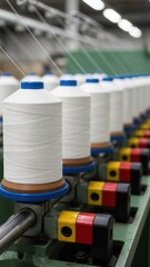 Rows of white thread spools with blue caps on machinery in a textile factory production line