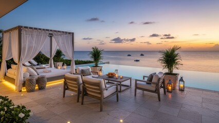 Luxurious outdoor lounge area at sunset isolated on white background