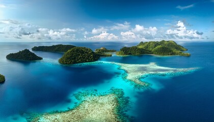 aerial view of turquoise lagoon and channels surrounded by lush green islands