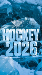 Hockey 2026 text carved in frozen blue ice block with snow, winter sports championship concept for tournament promotion and seasonal events background