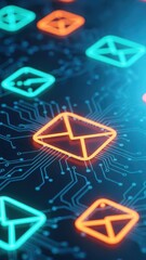 Glowing neon email envelope icons on a digital circuit board background, representing communication and technology.