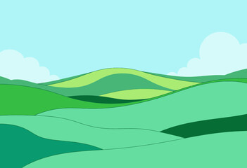 Obraz premium Abstract illustration of rolling green hills under a vibrant blue sky with fluffy clouds, depicting a serene and peaceful landscape perfect for artistic inspiration