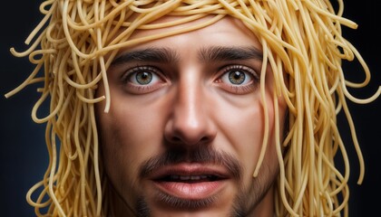 A person is featured with strands of pasta covering their head, set against a dark background. The eyes are bright, drawing attention to the playful and odd appearance.