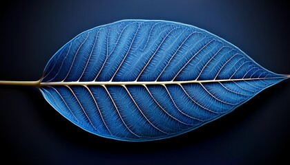 macro close up of a blue leaf with veins on a black background generative ai