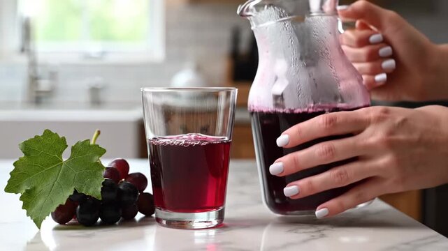 A woman hands pouring purple grape juice from a glass pitcher into a clear glass on domestic kitchen, a bunch of purple grapes lying nearby.