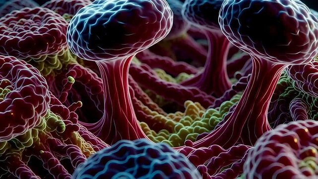 Vibrant microscopic view of colorful cells and microorganisms