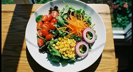 Fresh Salad Delights: A vibrant and nutritious salad, artfully arranged on a pristine plate. Composed of fresh ingredients, it's a celebration of health and flavor.