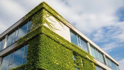 Modern building with green wall, isolated on white background