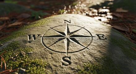 Navigational Stone: A weathered stone monument, etched with a compass rose, lies bathed in the warm embrace of sunlight, revealing its north, south, east, and west directions.
