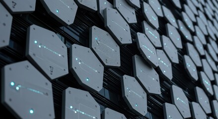 Futuristic building facade with hexagonal panels and glowing lines.  Modern, technological design