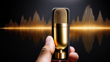 smartphone with a vintage microphone and golden audio waveform on a black background mobile podcasting voice recording and digital technology concept