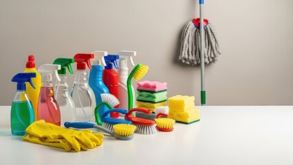 Cleaning supplies isolated on white background