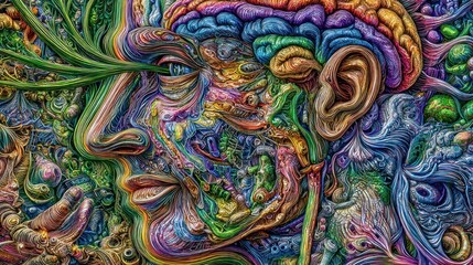 Fototapeta premium Intricate, multicolored representation of a human profile merged with organic and abstract forms