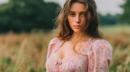 Fototapeta premium Woman in field wearing floral dress with soft sunlight in the background