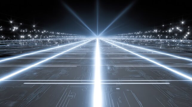 Glowing digital pathways converge toward a brilliant light source in a dark technological environment
