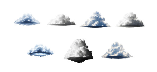 Collection of fluffy white clouds on white background