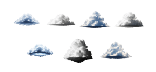 Collection of fluffy white clouds on white background
