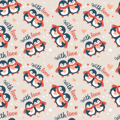 A repeating seamless pattern featuring pairs of penguins in red scarves holding hearts with romantic typography on a neutral background.