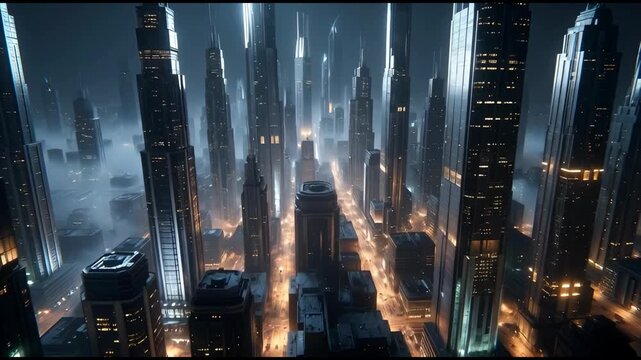 Futuristic Metropolis Skyline at Night with Glowing Lights and Foggy Atmosphere Capturing Urban Futurism and Advanced Cityscape Concepts