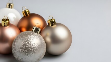 A collection of festive Christmas ornaments in various shades and textures. The ornaments sparkle and reflect light, conveying the joy of the holiday season