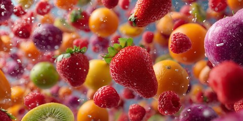 Vibrant flying fruits with sparkling water droplets, juicy strawberries and raspberries bursting in midair for refreshing summer beverage advertising.