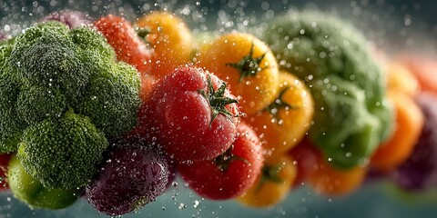 Fresh tomatoes, broccoli and bell peppers floating in midair with herbs and peppercorns, clean modern cooking concept