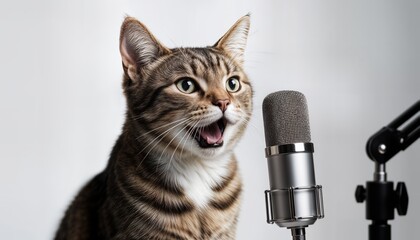 Cat speaking into a microphone during a recording session at home in the afternoon light