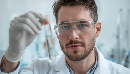 Man chemist looking at test tube in laboratory. Young male scientist with protective glasses and white glove conducting experiment, close up for medical or research concept.