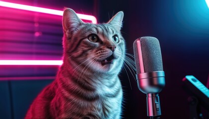 Cat speaking into a microphone during a recording session at home in the afternoon light