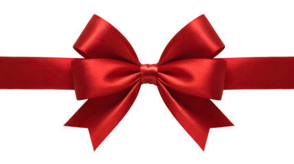 red satin ribbon bow tied in the middle with tails on white background transparent background