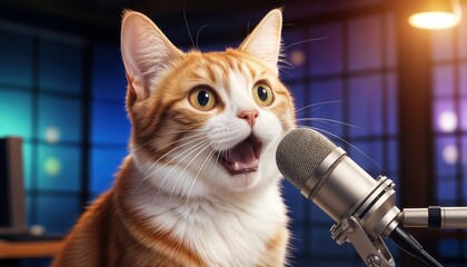 Cat speaking into a microphone during a recording session at home in the afternoon light