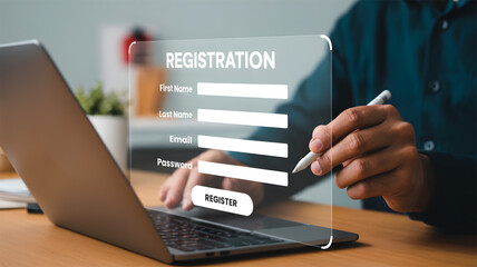 Online User Registration Concept: Person Filling Digital Form on Laptop for Secure Account Signup